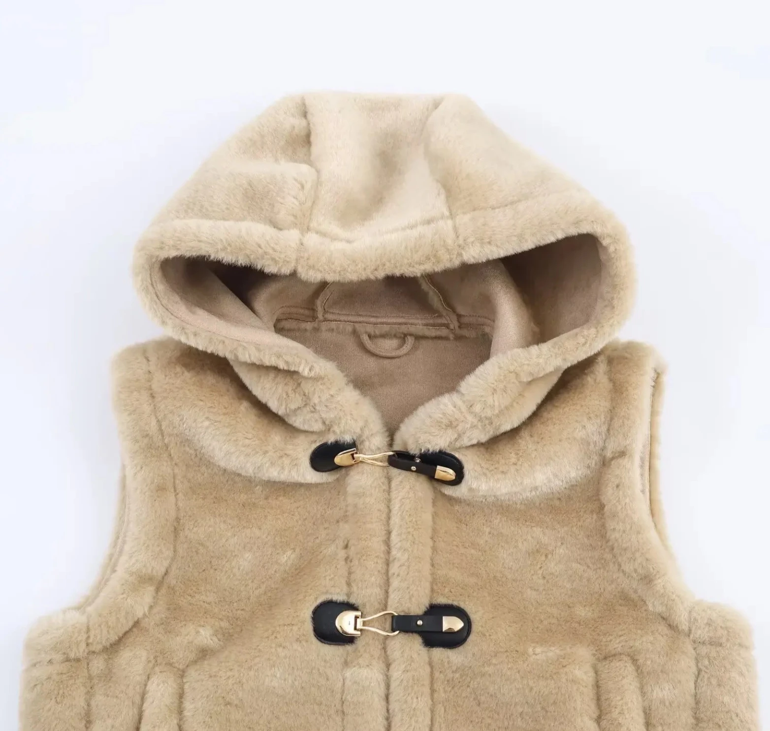 

Casual Fleece Hooded Vest Women's Fall Winter String Button Faux Furry VestFashion Simple Cute Ladies Vest Coat