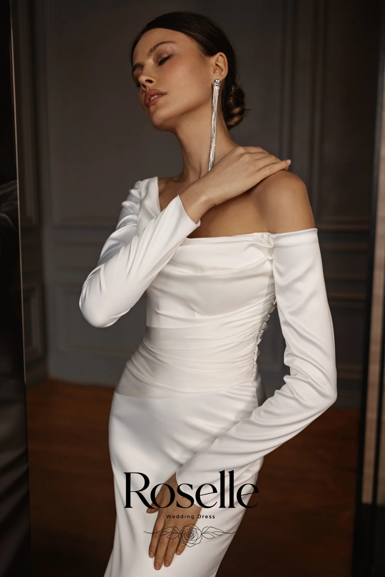 ROSELLE Asymmetrical Simple Elegant Mermaid Wedding Dress Open Back Long Sleeves 2026 Bridal Gown Customized свадебное платьеl