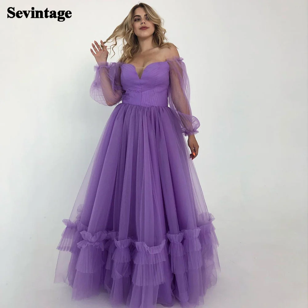 

Sevintage Purple Tulle Long Seeves Prom Dresses Off The Shoulder Layered Skirt Wedding Party Gowns Women Formal Evening Dress