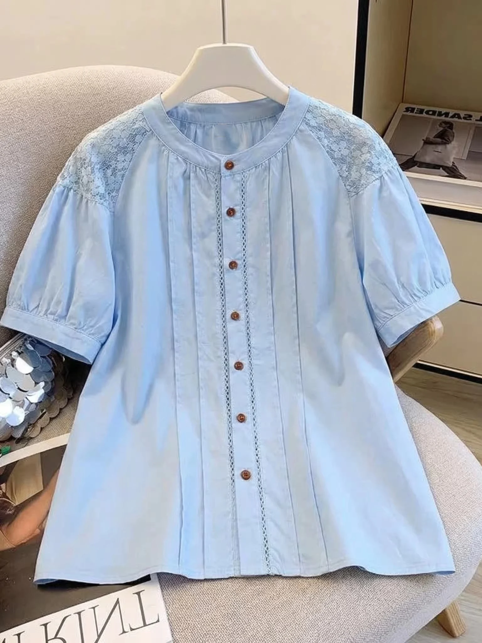 

Light Blue Lace Hook Flower Short Sleeve Women's Shirt Spring Summer New Style plus Size Doll Top Korean Style Loose Fit