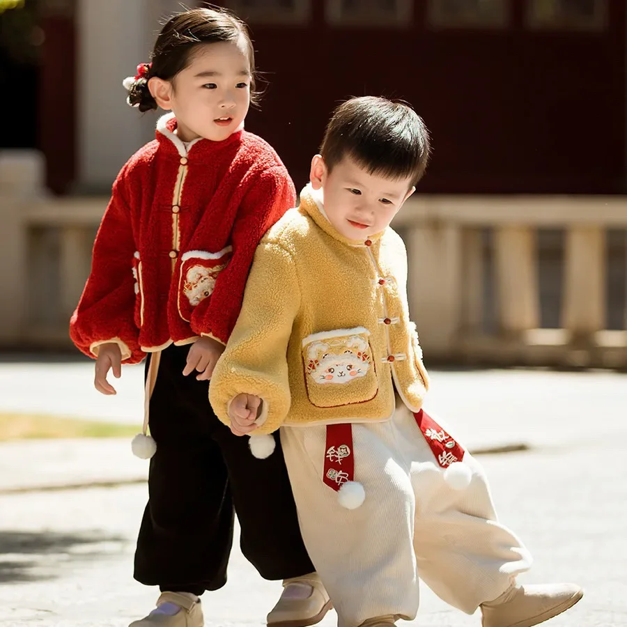 Chinese New Year Clothes 2023 Baby Tang Suits Plus Velvet Thicken Warm Winter Infant Outwear Unisex Brother and Sister Suit