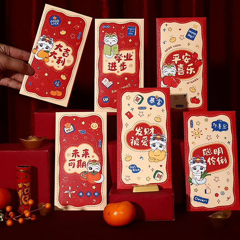 6pcs 2025 Cute Cartoon Snake Year Red Envelope Lunar Year Red Pocket Envelope Spring Festival Fortune Red Envelope Hongbao