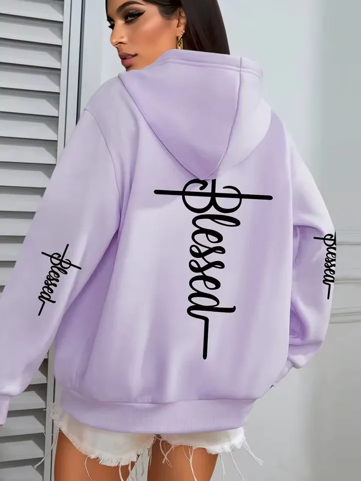2026 Women Casual Hoodies Women Blessed Print Sweatshirts Harajuku Hip Hop Streetwear Casual Fashion Fleece Sportwear Clothes