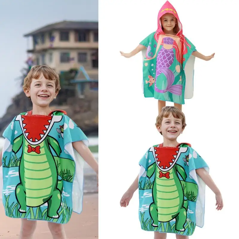 Kid Hooded Bath Towel Pool Cover Up Beach Poncho Microfiber Cape Bath Robe Soft Absorbent Kids Beach Towels Dinosaur Mermaid