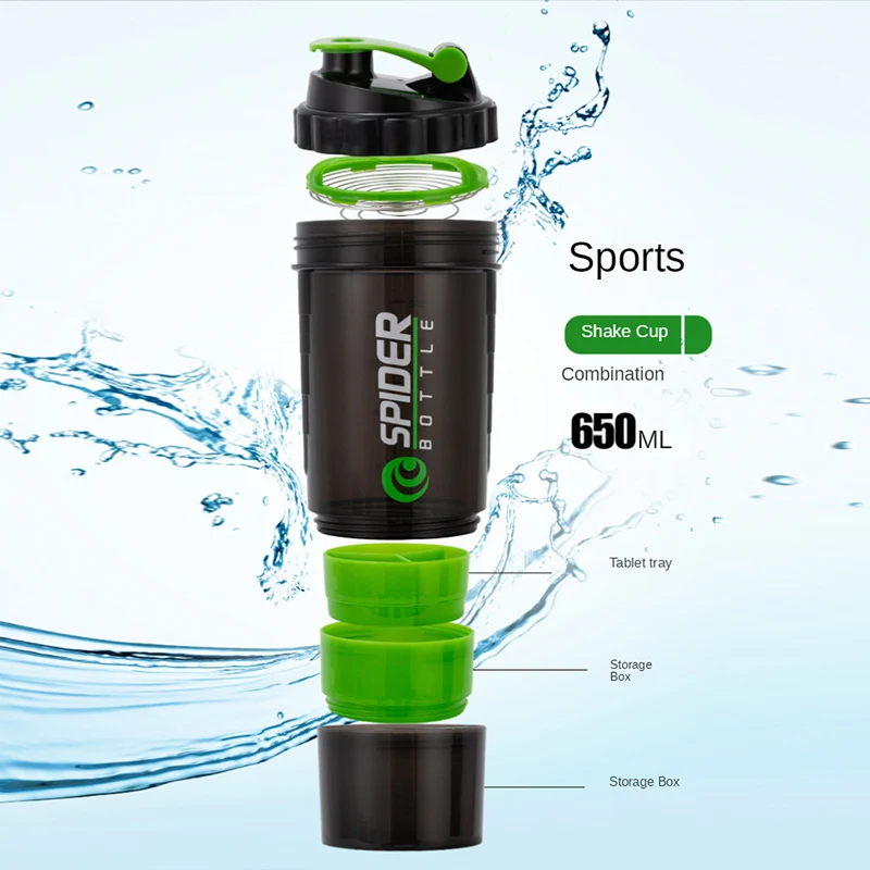 3 Layers Shaker Protein Bottle 550ml Whey Powder Blender Cup Cute Water Bottle Sports Fitness Shakel Bottles Vaso Shaker Gym