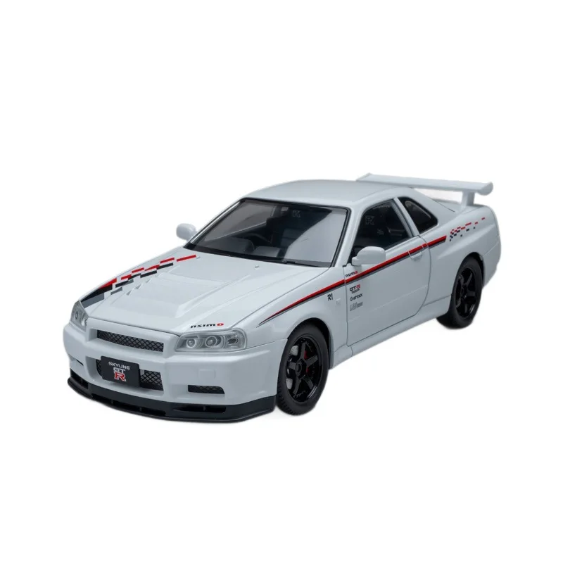 โมเดลรถสปอร์ตนิสสัน GTR34 อัลลอยด์จำลอง สเกล 1:24 พร้อมเสียงและไฟ ของเล่นเด็กแบบดึงหลัง รถของสะสมขนาดเล็ก