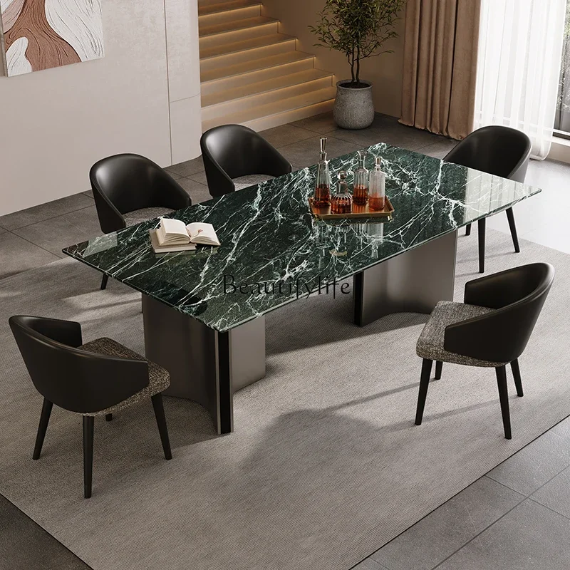

02 Natural Marble Dining Table Rectangular Minimalist Luxury Stone Dining Table Italian Style High-End Feel
