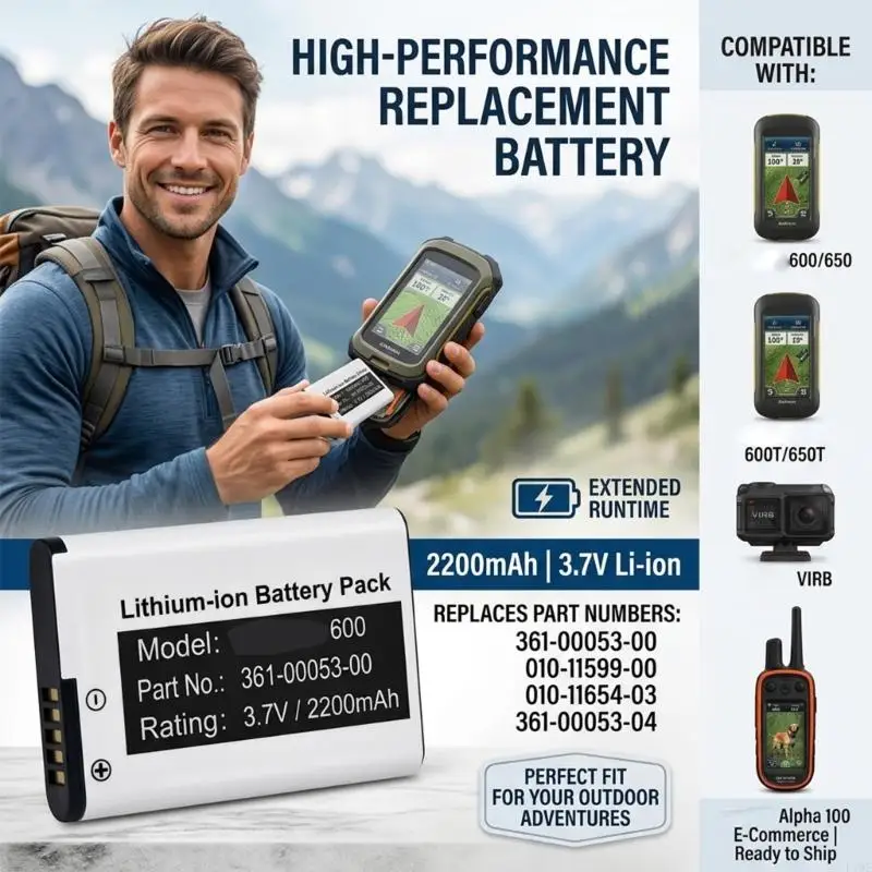 361-00053-00 2200mAh 3.7V Lithiums Battery for 600 600T 610 650T 650 Navigation Systems F19E