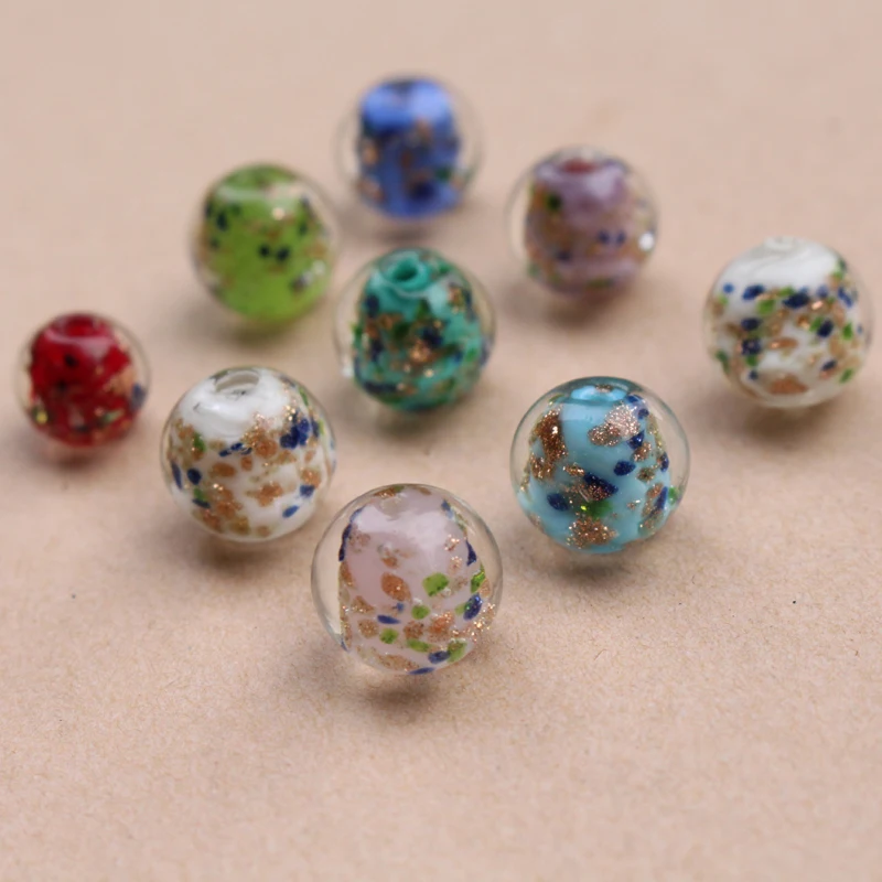 10PCS 8mm 10mm 12mm Lampwork glass beads Handmade With Colorful Shinning Pieces Multi-color Loose beads for Jewelry making DIY