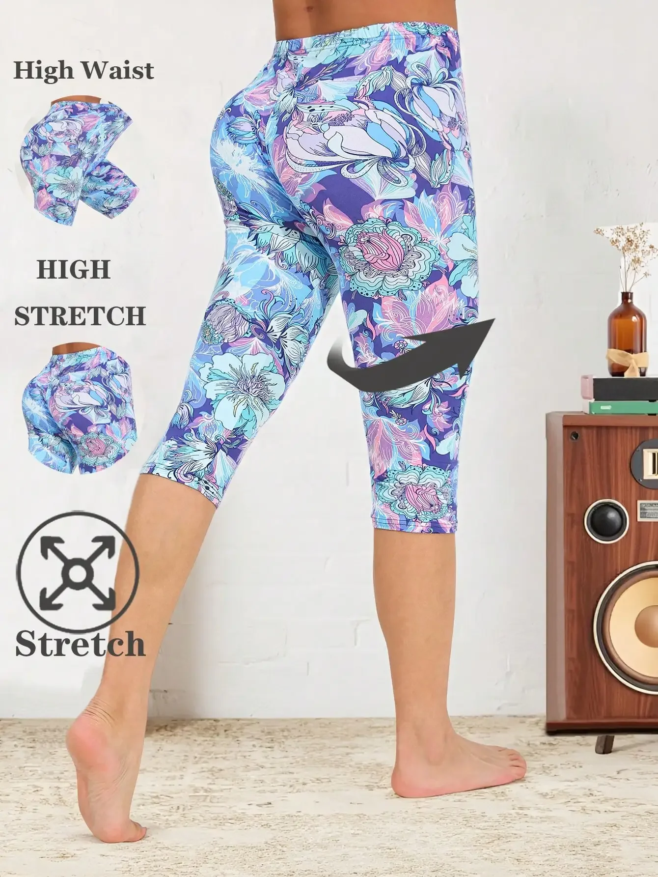 

Women's Blue Floral Print Leggings, Casual, Fitness, High Stretch, Soft & Comfortable, Skinny Pants For Yoga, Workout, Home, Out