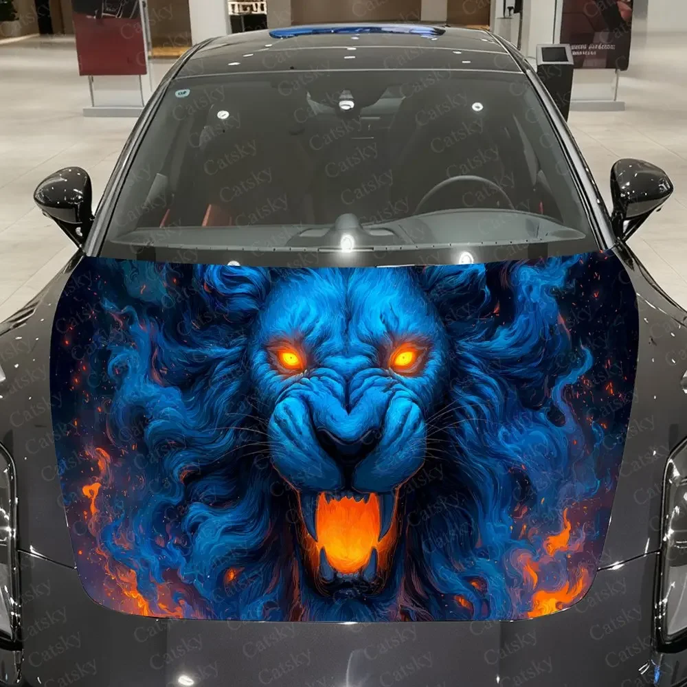 Azure Flame Furious Lion Car Vinyl Wrap, PVC Waterproof Car Hood Sticker, Self-Adhesive Scratch-Resistant Engine Cover Sticker