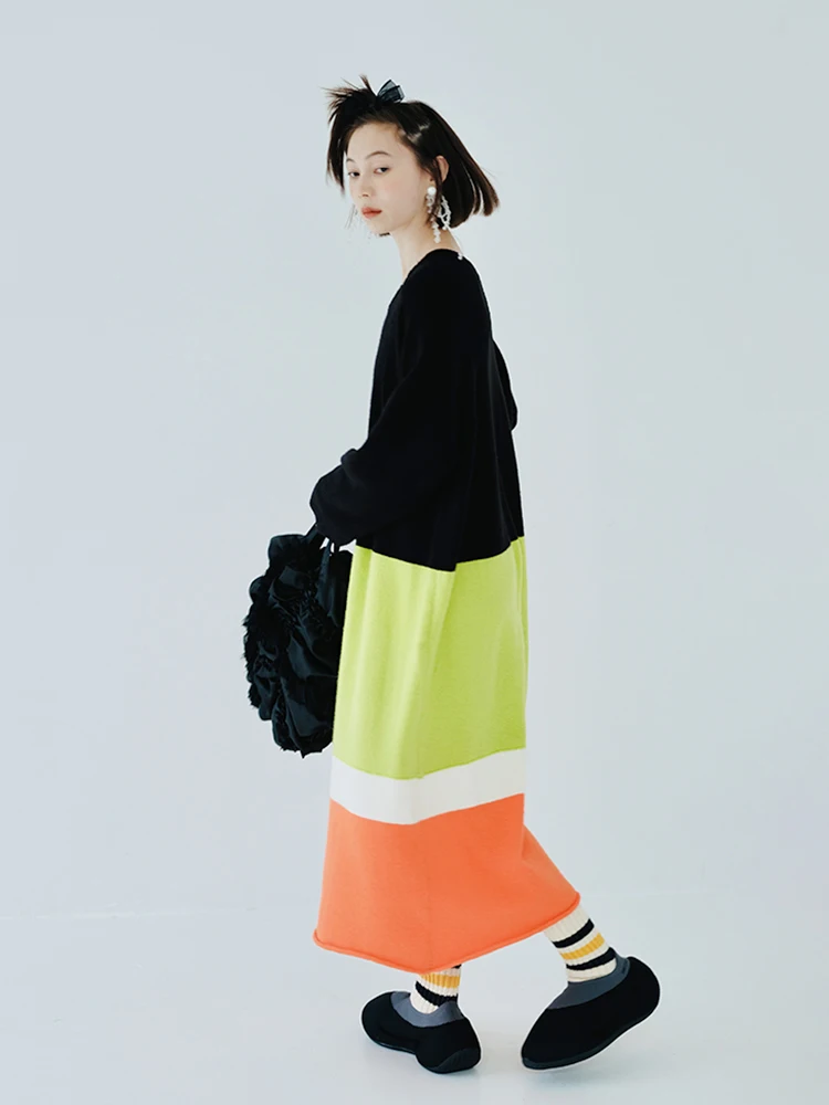 imakokoni autumn and winter stretch mohair colorblock woven dress plus size striped knitted skirt 223821