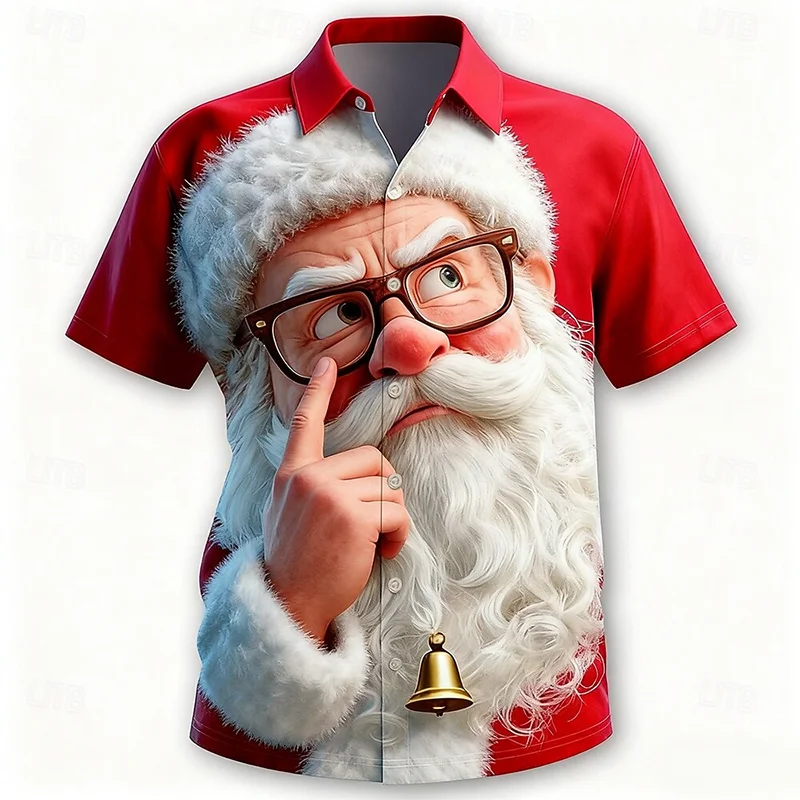 Kaos Natal Santa Claus Ekspresi Lucu untuk Pria, Kerah Pendek Lengan Merah, Hadiah Festival Natal, Atasan Pesta