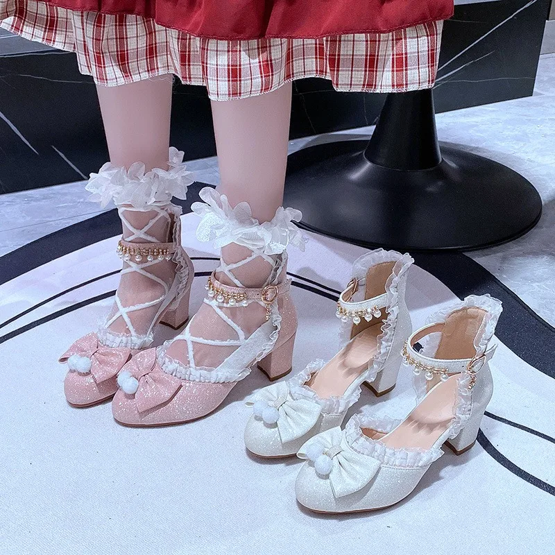Mid-heel Lolita sandals with bow & lace trim open hollow design women's sizes 34-43
