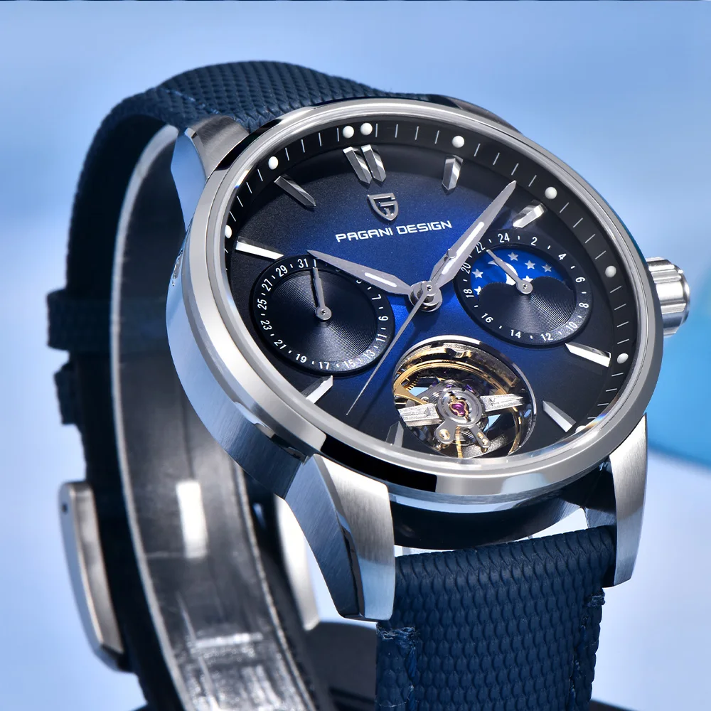 2025Pagani design Tourbillon Orologio da uomo di lusso Confezione regalo Moda Zaffiro Orologio meccanico automatico Orologio da 10BAR Fasi lunari da uomo