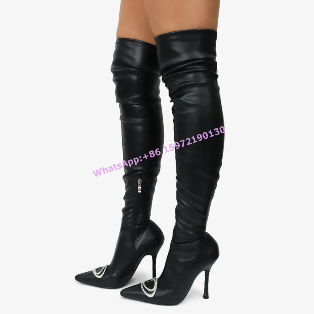 

Crystal Ring Thigh High Boots Rhinestone Bling Black Pleated Sexy Pointy Toe Side Zipper Long Boots Women Winter Luxury Shoes