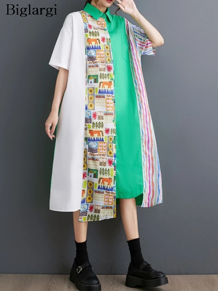 Oversized Summer Shirt Dress Women Irregular Print Patchwork Fashion Loose Ruffle Pleated Ladies Dresses Casual Woman Midi Dress