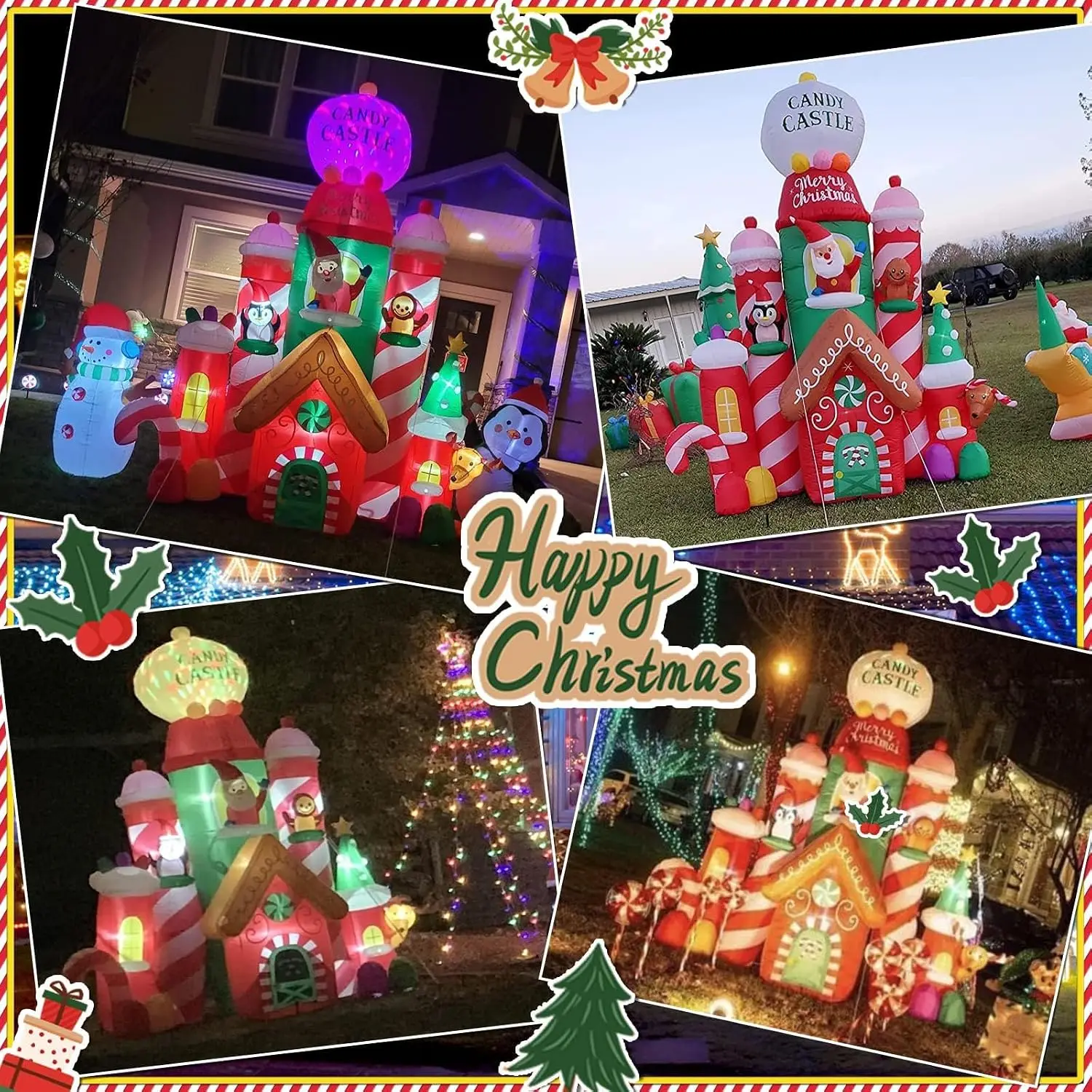 Outdoor Christmas Inflatable 10 Ft Tall Candy Castle with Santa Gingerbread And Penguin Light-Up Decoration by Flash Light Blow