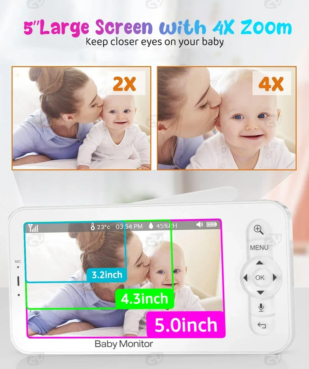 5Inch Wifi Baby Monitor with Phone App,4X Zoom 1080P Night Vision 2-way Talk Electronic Babyphone 3000mAh Battery,TF Card Storag