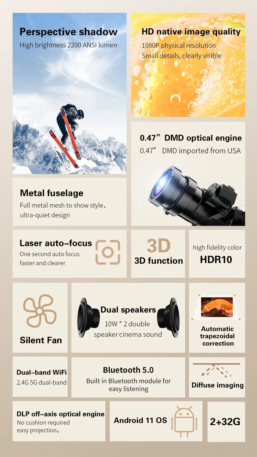 Yinzam X5 1080P FHD Native 4K Max Projector With LED Light Auto Focus Keystone DLP Link 3D Android Smart Home Theater Projectors