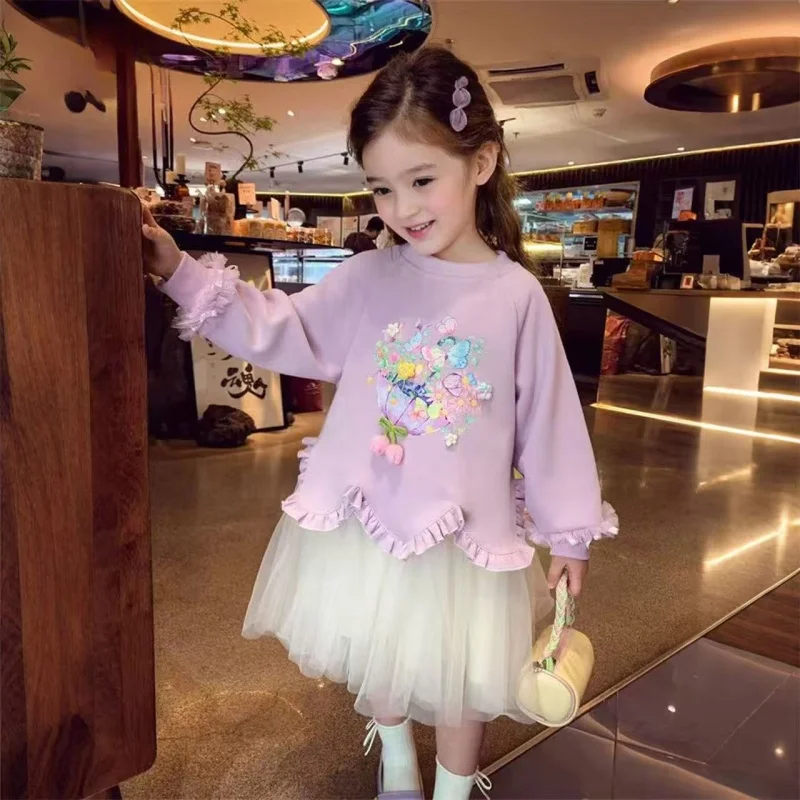 

Girls Casual Dresses Spring Autumn Toddler Girls Lace Hoodie Dress Korean Style Princess Gown with Sheer Mesh Sleeves for