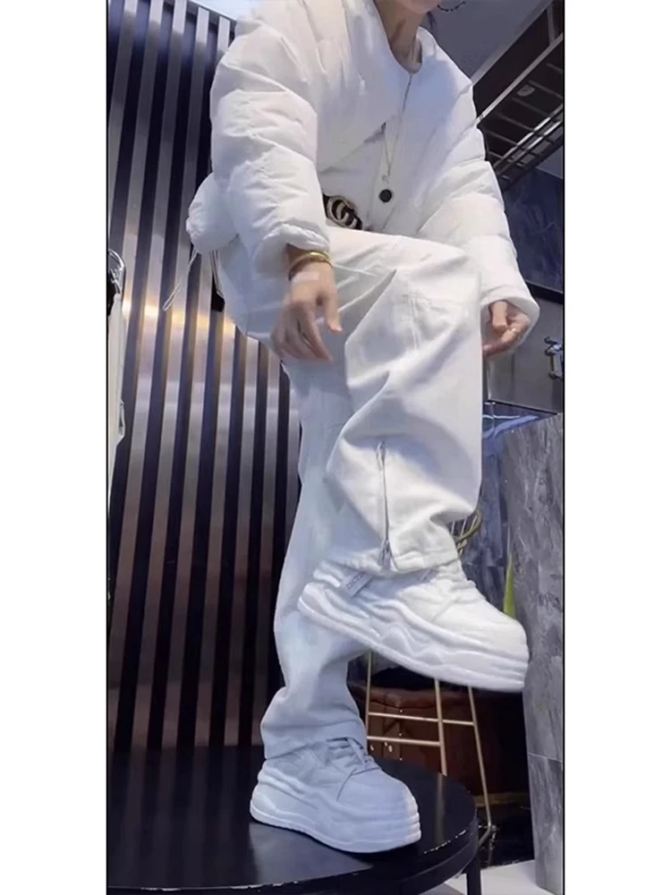 

White Slim Fit Micro Flared Jeans Men's Summer Thin American High Street Cleanfi Workwear Straight Leg Narrow Version Knife