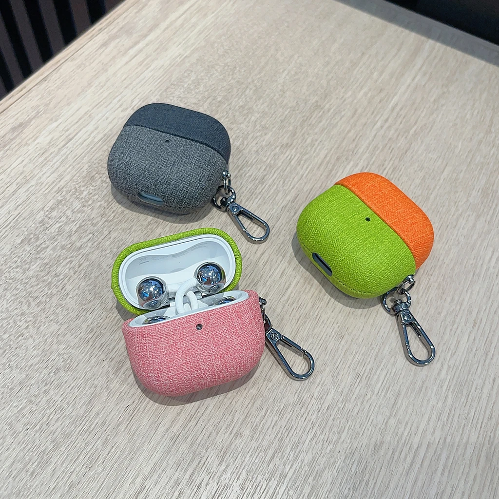 Trendy Color‑Block Fine Linen Fabric Texture PC Hard Shell With Hook Anti-Scratch Earphone Cover Case for Huawei FreeClip 2