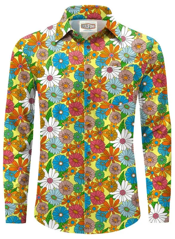 Men's long-sleeved shirt casual fashion 3d small daisy flower print shirt shirt men's lapel shirt long sleeve New Year gift