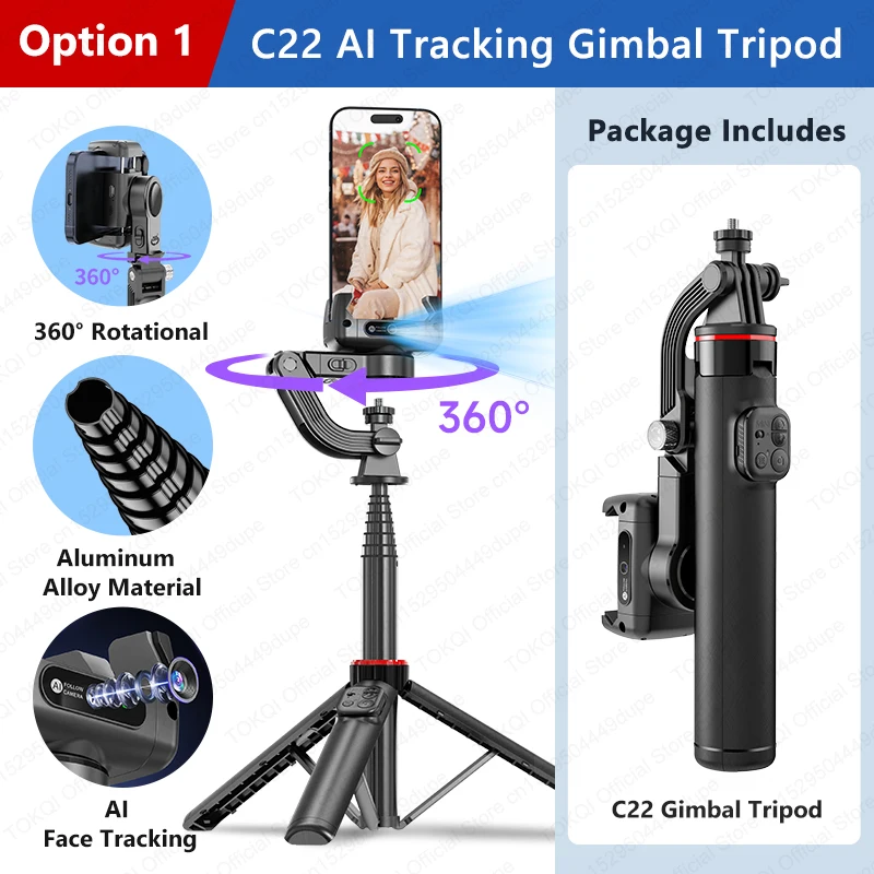 C22 AI Face Tracking Handheld Gimbal-stabilisator 360 °   Rotation Shoot Selfie Stick-statief voor mobiele telefoon, 1/4 '' schroef voor camera