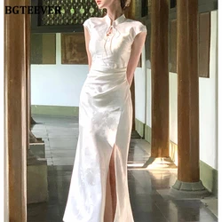 BGTEEVER Summer Vintage Stand Collar Lace-up Women cheongsam Package Hip Dress Elegant Slim Ladies Side Split Bodycon Dress