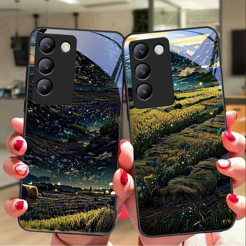 Oil painting straw For Y72 33S 11 03 36 96 Lite 35 16 Iqoo 12 V40 SE 5G 29 40 21 30 X80 Pro Vivo Tempered glass phone case black