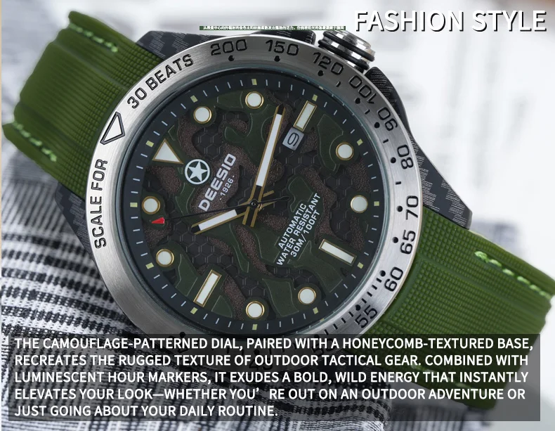 Dessio Men's Automatic Mechanical Watch | Upgrade Carbon Fiber Case Sturdy & Durable About 80g | 30M Waterproof | Luminous Dial | Date & Day Display | Trendy & Elegant Design for Business/Casual/Outdoor | Silicone Green Watch Strap | Lightweight & Sport |