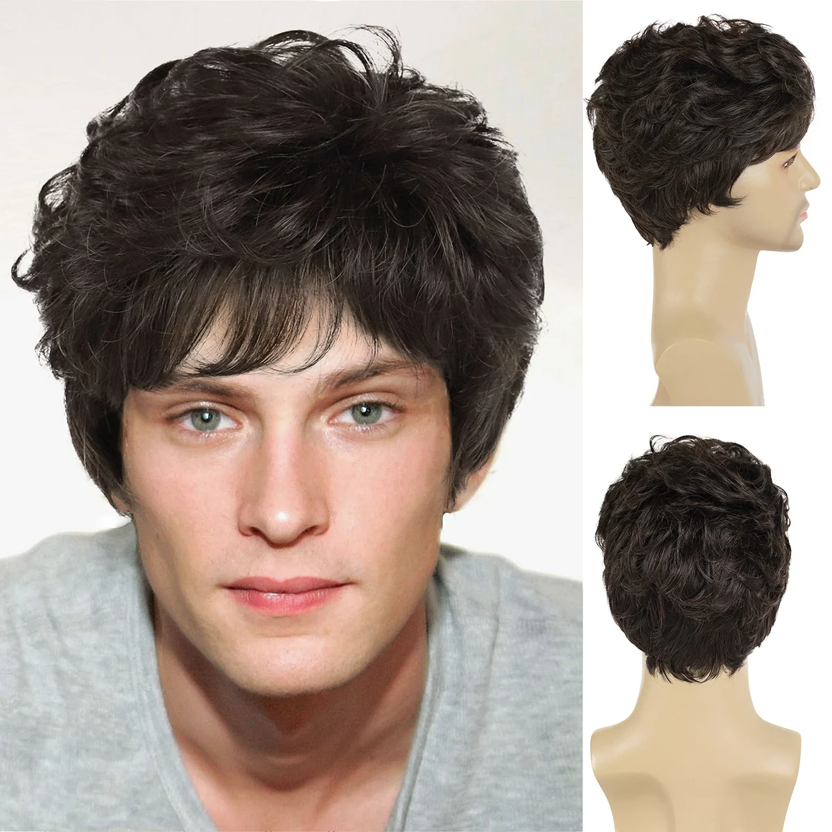 

Short Wig Men Brown Synthetic Fiber Natural Wig with Bangs Handsome Hairstyles Cosplay Wigs Halloween Costume Party Brown Wigs