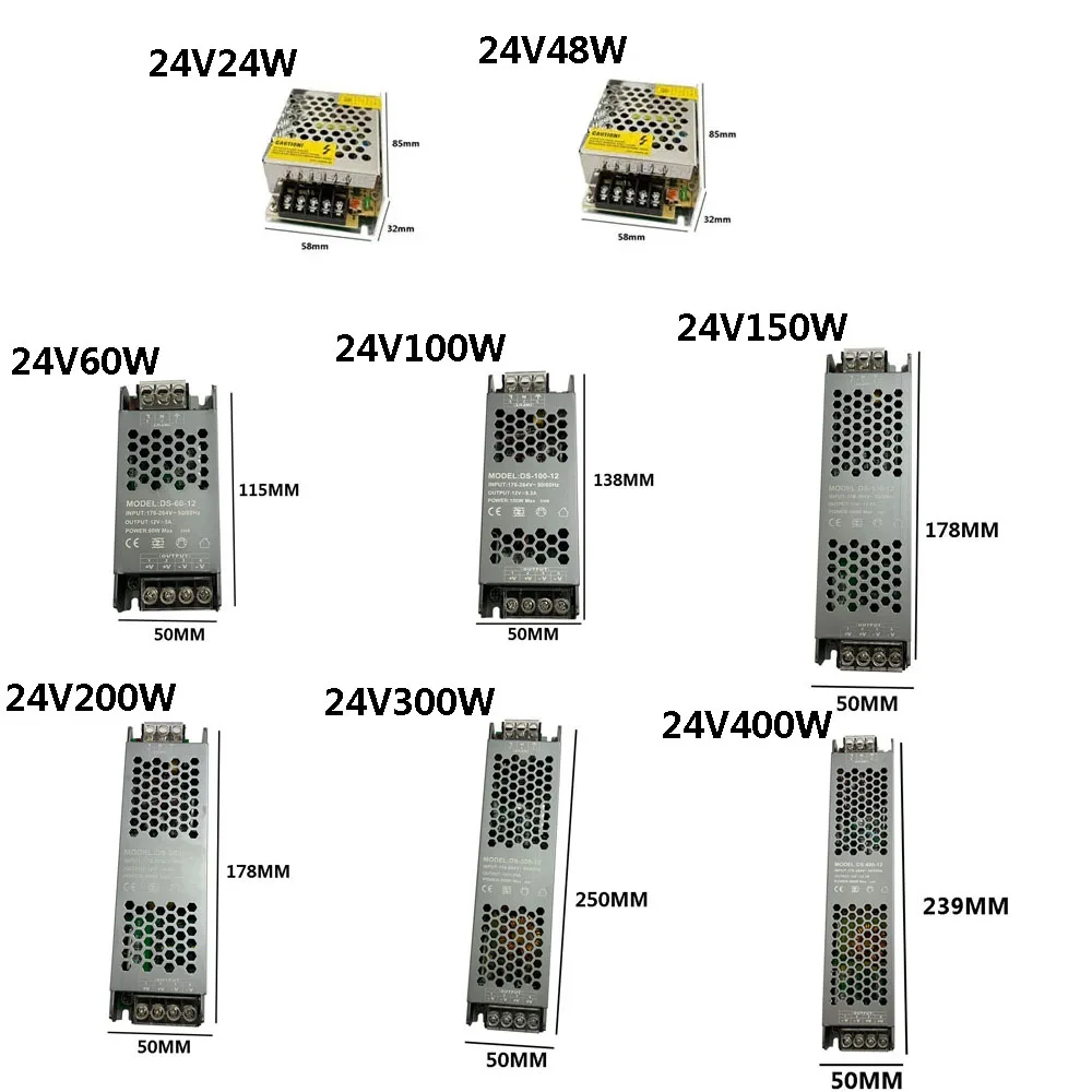 DC12V 24V Ultra cienki zasilacz światła LED 60W 100W 150W 200W 300W 400W Adapter transformatora do sterownika AC180V-260V COB LED Strip