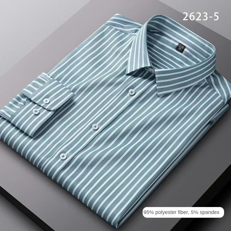 2024 new fashion casual men\'s vertical striped shirt stretch shirt business temperament long sleeve shirtpastel button up shirt，