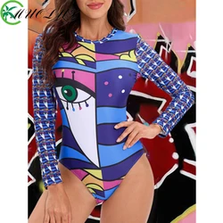 One Piece Swimwear 2024 New Long Sleeve Monokini Surf Suit Ruashgard Women Swimsuit Print Female Summer Bathing Suit Bodysuit