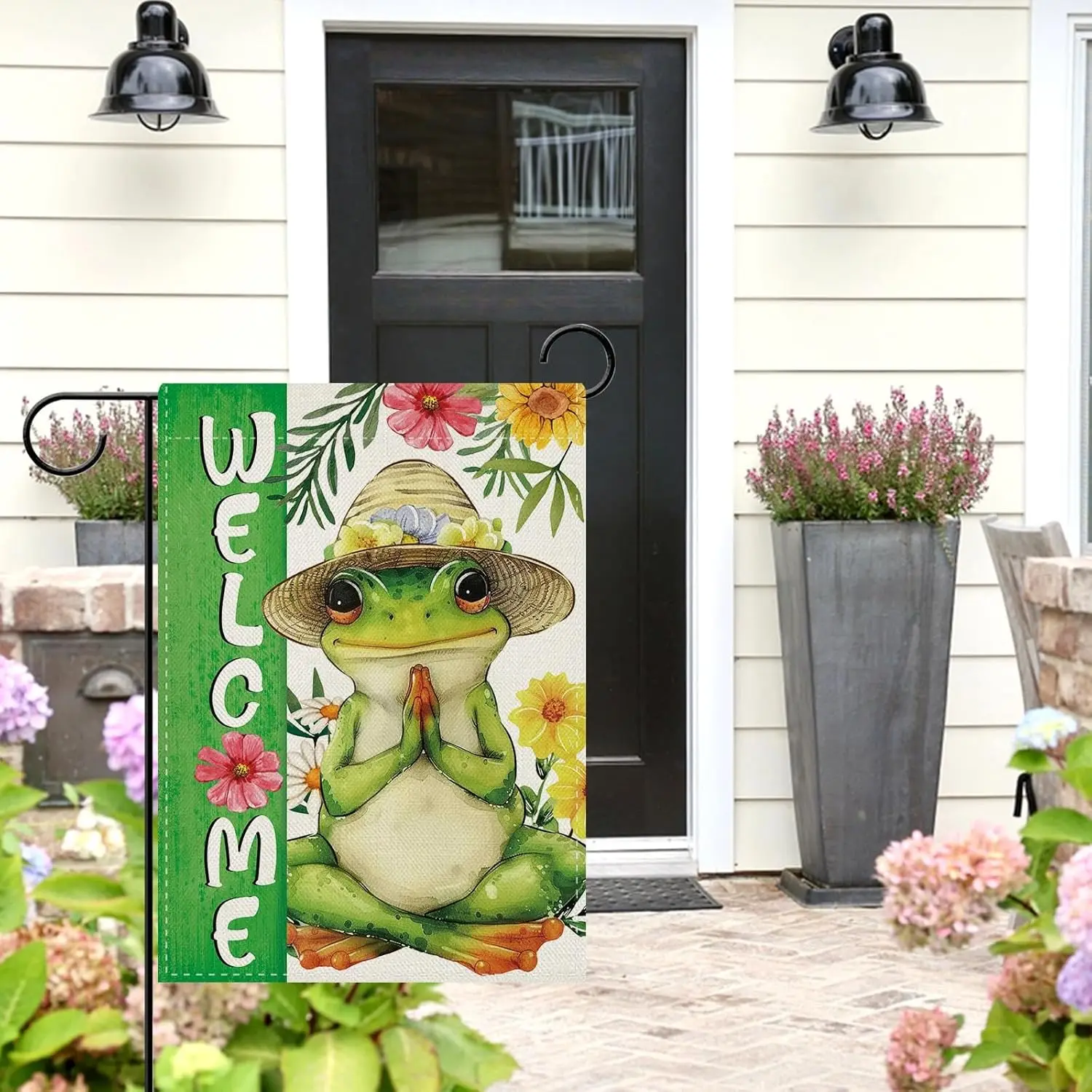 Dyrenson Meditation Yoga Frog Welcome Decorative Garden Flag, Spring Summer Flower Meditation Zen Yard Outside Home Decorati MMZ