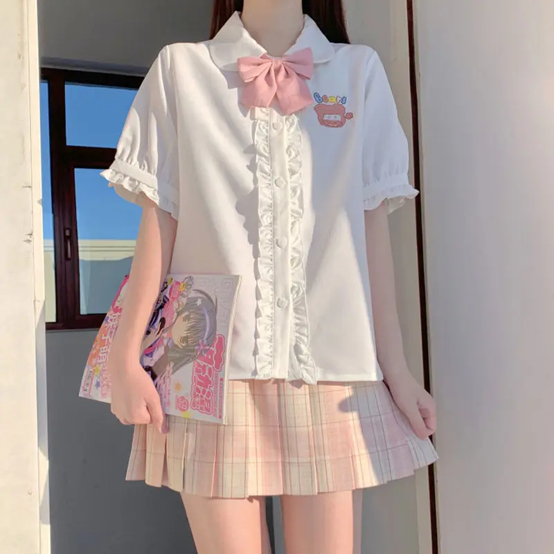 Summer Sweet Kawaii Blouse Lolita Cute Ruffles Elegant Vintage Short Sleeve Shirts Women Embroidery Casual Peter Pan Collar Tops