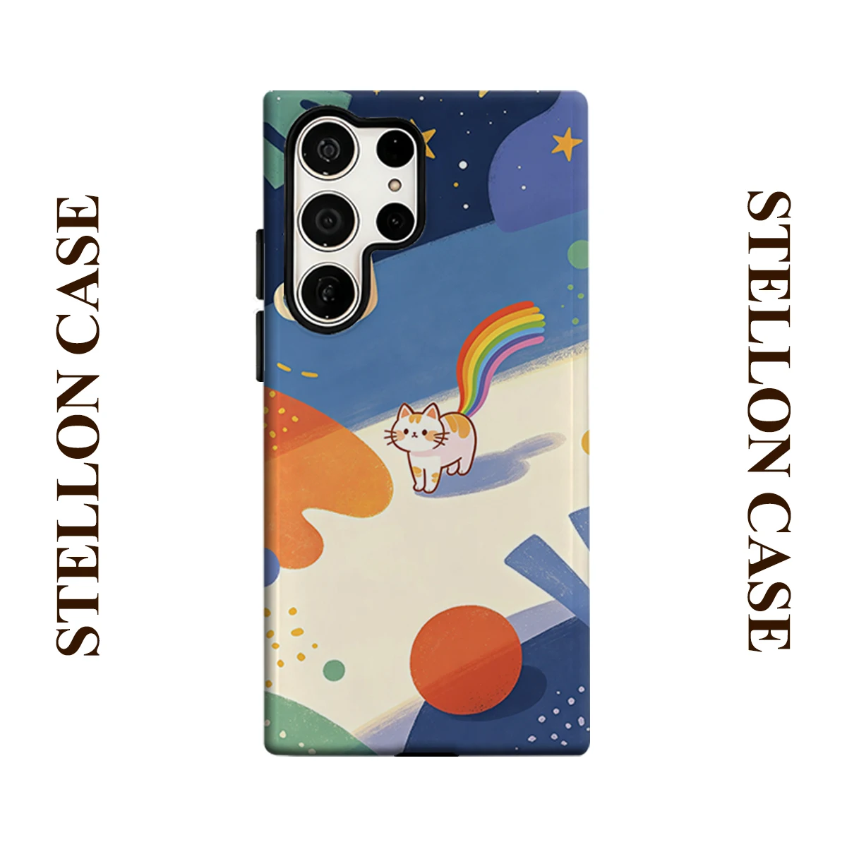 Rainbow Tail Coffee Cat For Samsung Galaxy Phone Case S23 S20 S25 FE S24 Plus S26 Ultra 2-IN-1 Shockproof Bumper Hard PC