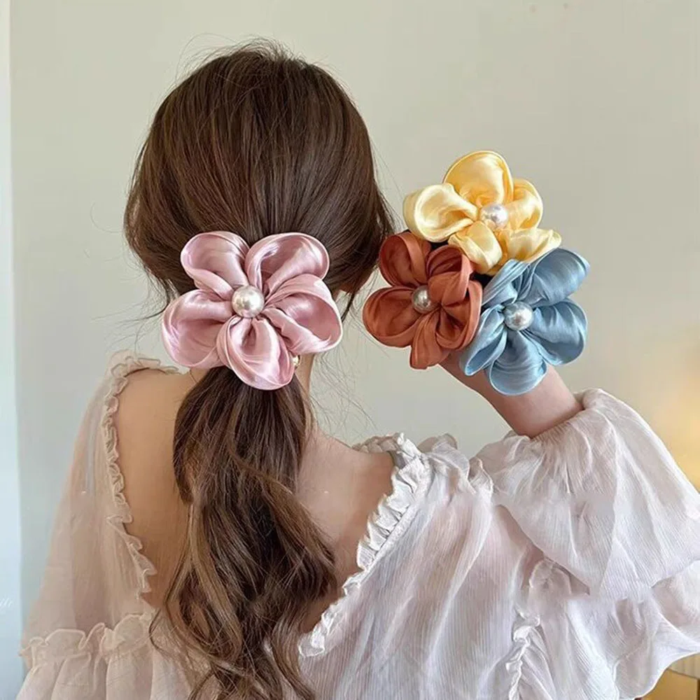 Elegant Pearl Rhinestone Flower Hair Rope Organza Stretch Scrunchies For Women Girls Hair Accessories Headwear Ponytail Holder