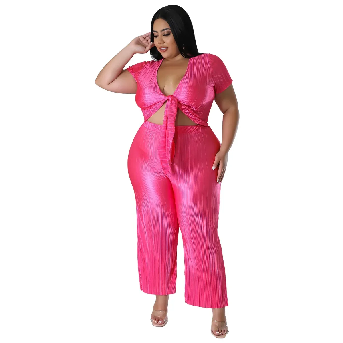 L-4XL 2024 Summer African Fashion Pleated Bandage Short Sleeve Top and Pant Suits Sexy Plus Size Two Piece Sets Women Clothing