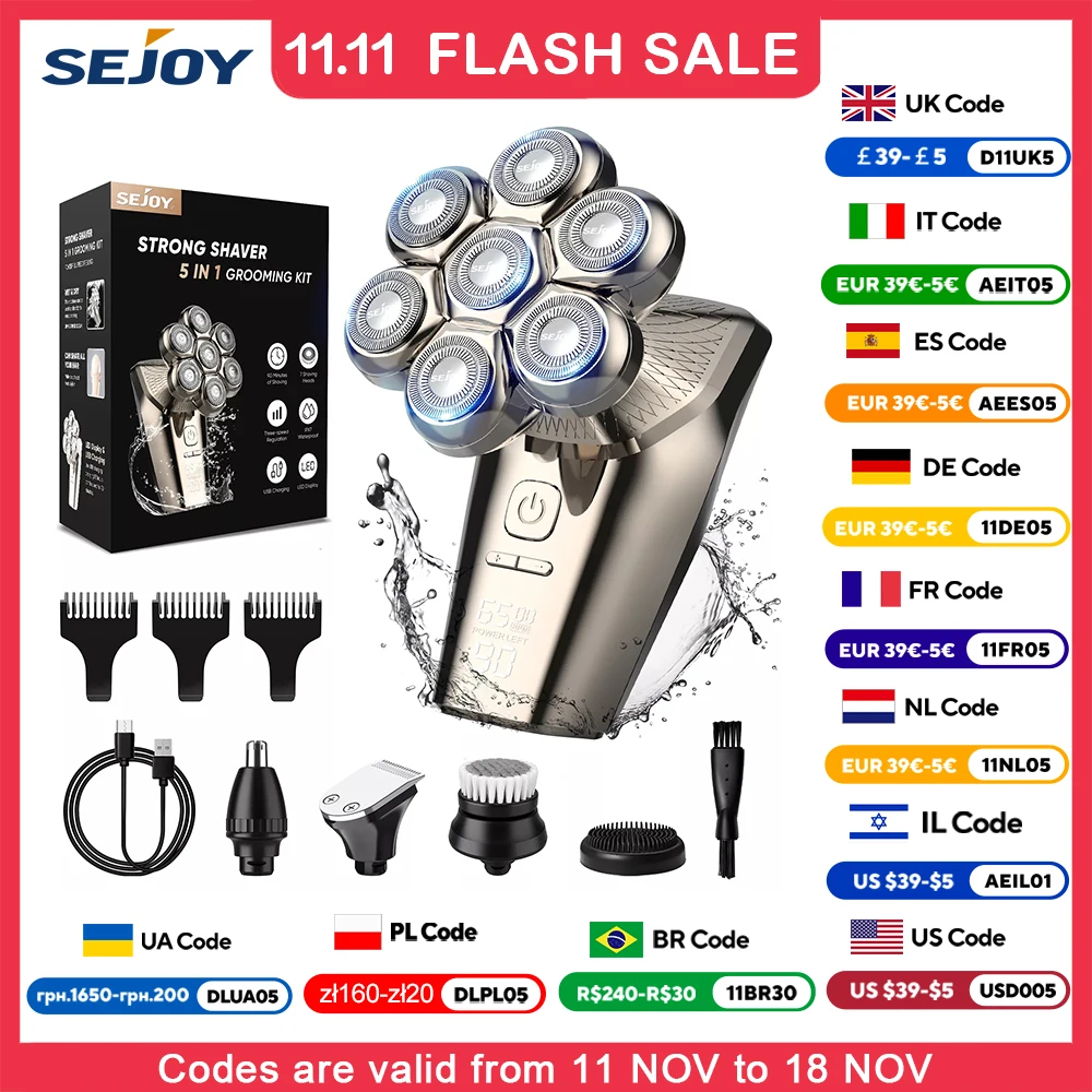 Sejoy 5 IN 1 LED Display Electric Head Shavers for Bald Men 7 Floating Heads with Nose&Ear Trimmer Bald Head Shavers for Men