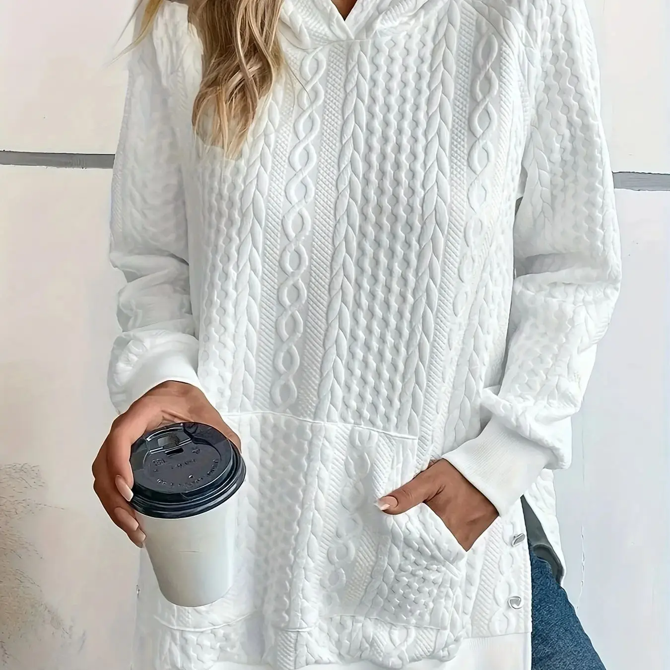 Plus size moletom com capuz feminino casual sólido cabo malha manga longa botão bolso frontal moletom com capuz