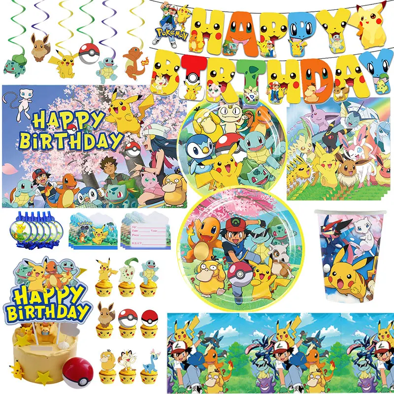Décoration d'anniversaire Pokémon, personnage de dessin animé Pikachu, vaisselle, tasse, assiette, ballon, ensemble de bannière, toile de fond, fournitures de fête pour enfants