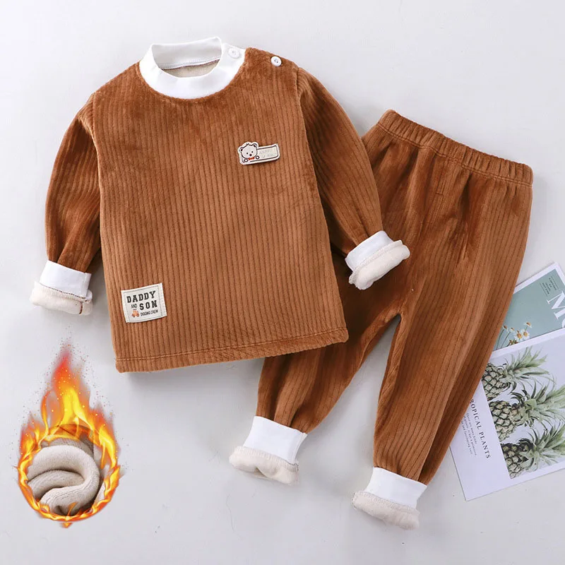 Autumn Winter Toddler Boy 2PCS Clothes Set Corduroy Sticker Long Sleeve Thicken Pullover Elastic Pants Suit Children Boy Outfits