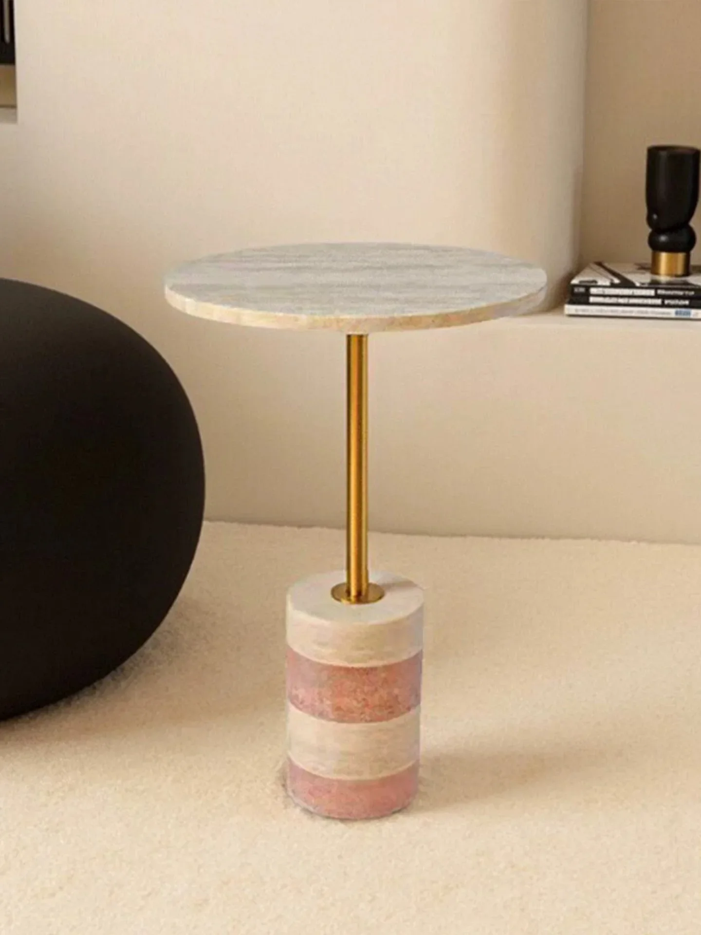 Luxury Natural Marble Side Table,Creative Round Travertine Art Accent Table Light Luxury Sofa Corner End Table Live Room