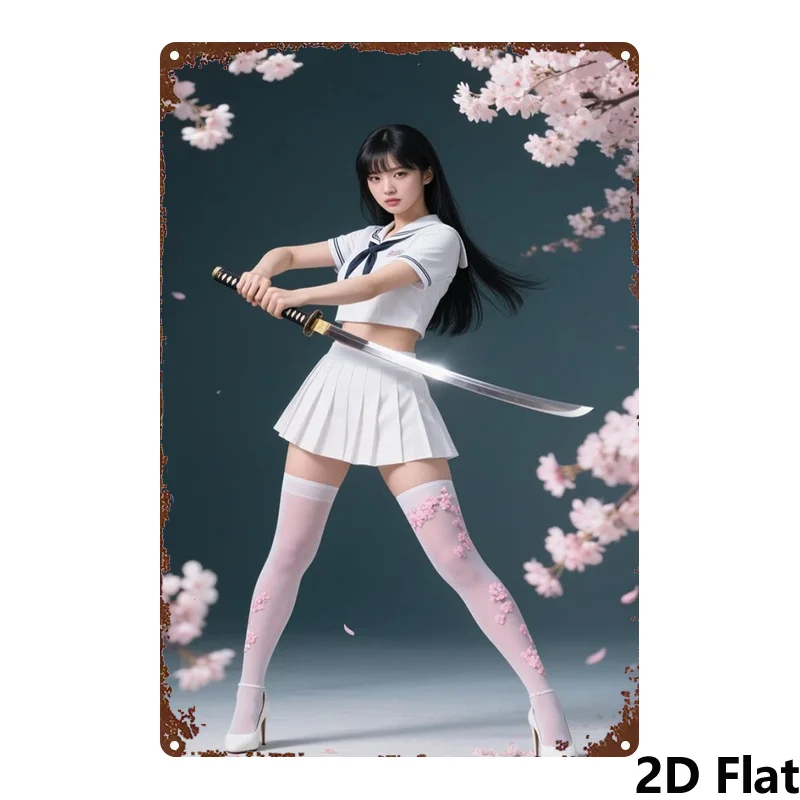Vintage-Schild aus Aluminium mit Sakura-Mädchen und Katana-Motiv, rustikale Wandkunst für Zuhause, Bar, Garage, 20,3 x 30,5 cm, rostfrei