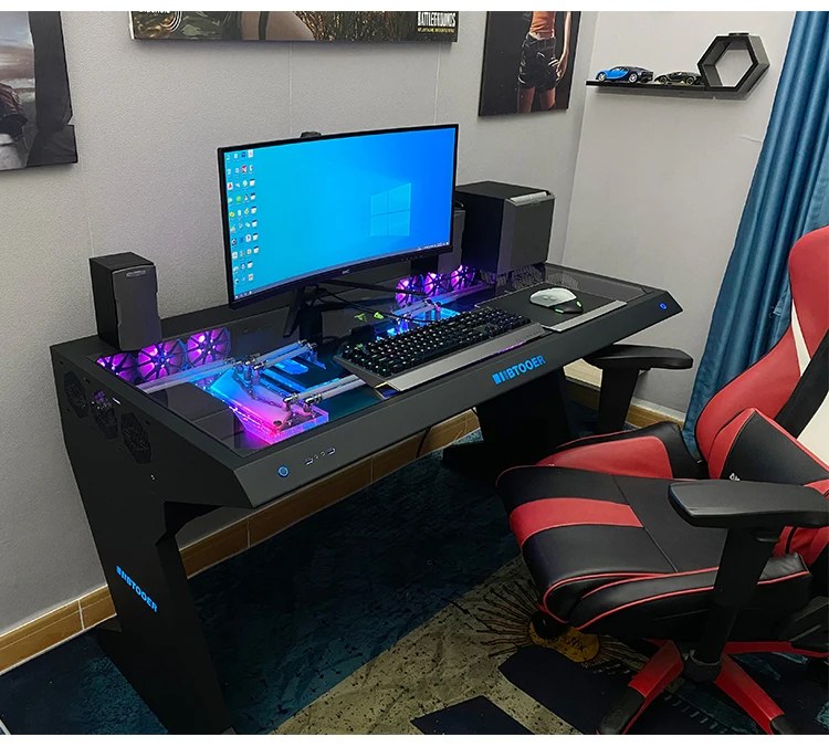 حقيبة كمبيوتر Btooer، طاولة متكاملة، طاولة ألعاب كبيرة شفافة مدمجة على شكل خاص ومبردة بالماء والخيال العلمي