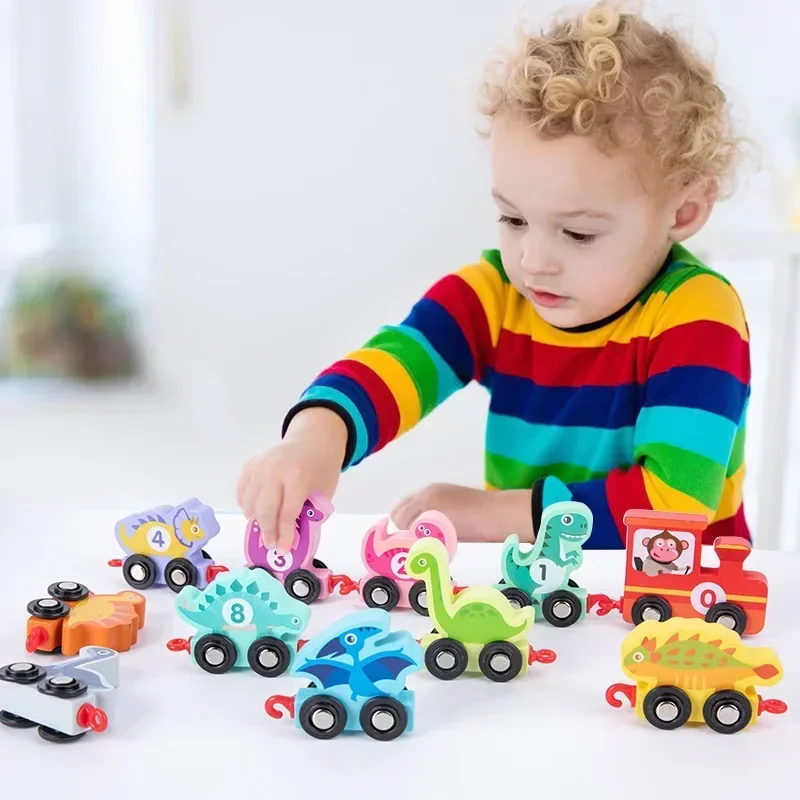 

[Funny] Wooden dinosaur 0-10 numbers small train car assembly Buckle design Colourful early education toys baby birthday gift