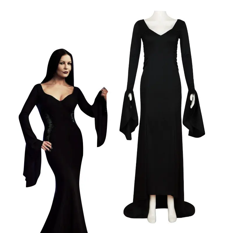 

Cossky Anmie Wednesday Morticia Addams Cosplay Costumes Adult Girls Black Dress Halloween Carnival Costume